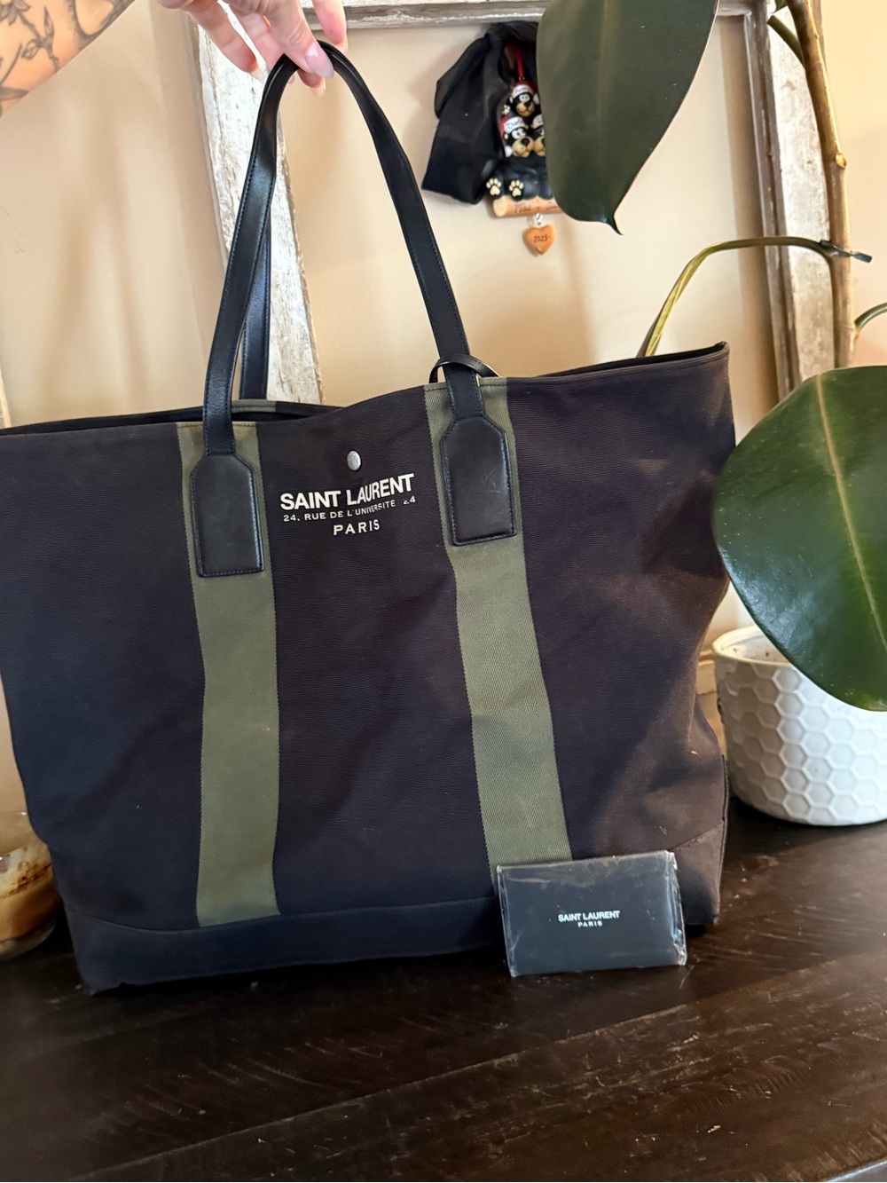 Saint Laurent Black and Olive Canvas Duffel Tote
